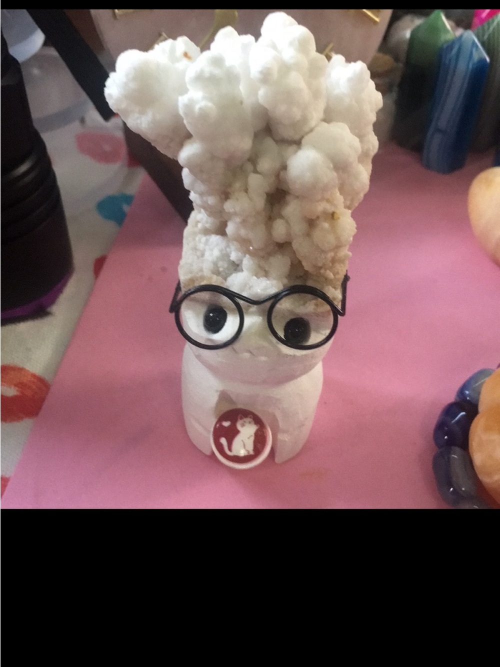 Whimsical White Crystal Calcite Figurine with Black Eyeglasses